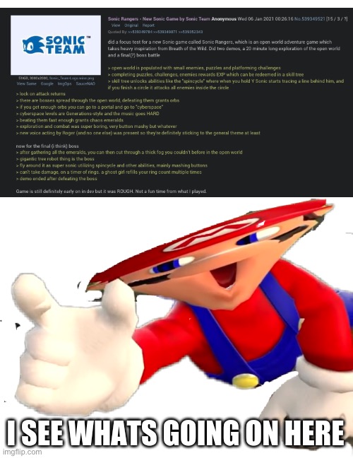SEGA accidentally leaked the title before Sonic Central and now this old post surfaced.  Coincidence? I think not! | image tagged in mario,sonic the hedgehog,leaks | made w/ Imgflip meme maker