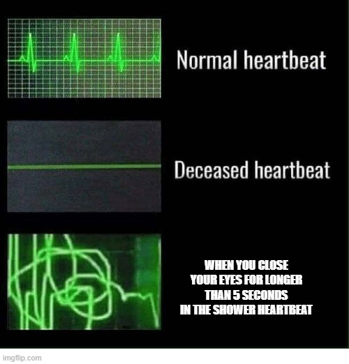 normal heartbeat/deceased heartbeat | WHEN YOU CLOSE YOUR EYES FOR LONGER THAN 5 SECONDS IN THE SHOWER HEARTBEAT | image tagged in normal heartbeat deceased heartbeat | made w/ Imgflip meme maker