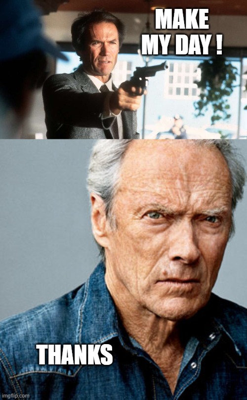 ◄► Reaction: Clint Eastwood — Make my day... thanks | MAKE MY DAY ! THANKS | image tagged in make my day,clint eastwood,thanks,comment,reaction | made w/ Imgflip meme maker