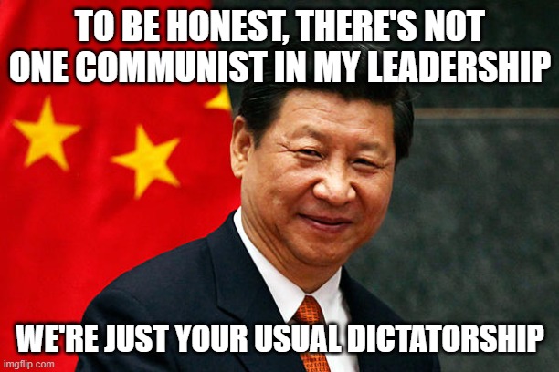 A Dic is a Dick | TO BE HONEST, THERE'S NOT ONE COMMUNIST IN MY LEADERSHIP; WE'RE JUST YOUR USUAL DICTATORSHIP | image tagged in xi jinping | made w/ Imgflip meme maker