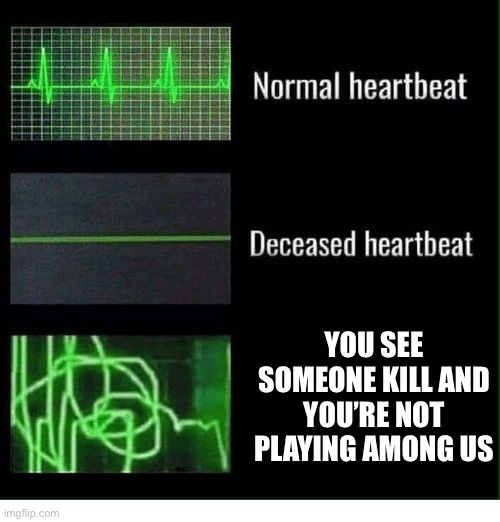 normal heartbeat deceased heartbeat | YOU SEE SOMEONE KILL AND YOU’RE NOT PLAYING AMONG US | image tagged in normal heartbeat deceased heartbeat | made w/ Imgflip meme maker