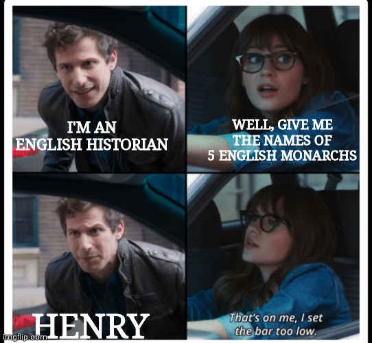 The are like 9 of them confirmed last time I checked | WELL, GIVE ME THE NAMES OF 5 ENGLISH MONARCHS; I'M AN ENGLISH HISTORIAN; HENRY | image tagged in that's on me,england,kings,english,henry,history | made w/ Imgflip meme maker