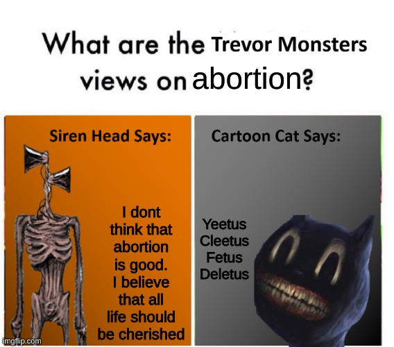 Trevor Monsters Views | abortion; I dont think that abortion is good. I believe that all life should be cherished; Yeetus Cleetus Fetus Deletus | image tagged in trevor monsters views | made w/ Imgflip meme maker