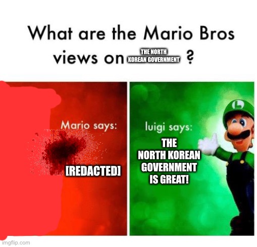 Boi | THE NORTH KOREAN GOVERNMENT; THE NORTH KOREAN GOVERNMENT IS GREAT! [REDACTED] | image tagged in mario says luigi says | made w/ Imgflip meme maker