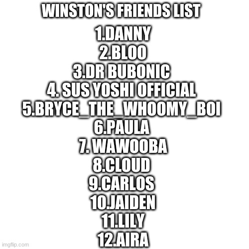 this should be a trend | WINSTON'S FRIENDS LIST; 1.DANNY
 2.BLOO 
3.DR BUBONIC 
4. SUS YOSHI OFFICIAL 
5.BRYCE_THE_WHOOMY_BOI 
6.PAULA 
7. WAWOOBA
8.CLOUD 
9.CARLOS 
10.JAIDEN
 11.LILY 
12.AIRA | made w/ Imgflip meme maker