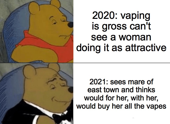 mare vapes | 2020: vaping is gross can't see a woman doing it as attractive; 2021: sees mare of east town and thinks would for her, with her, would buy her all the vapes | image tagged in memes,tuxedo winnie the pooh | made w/ Imgflip meme maker