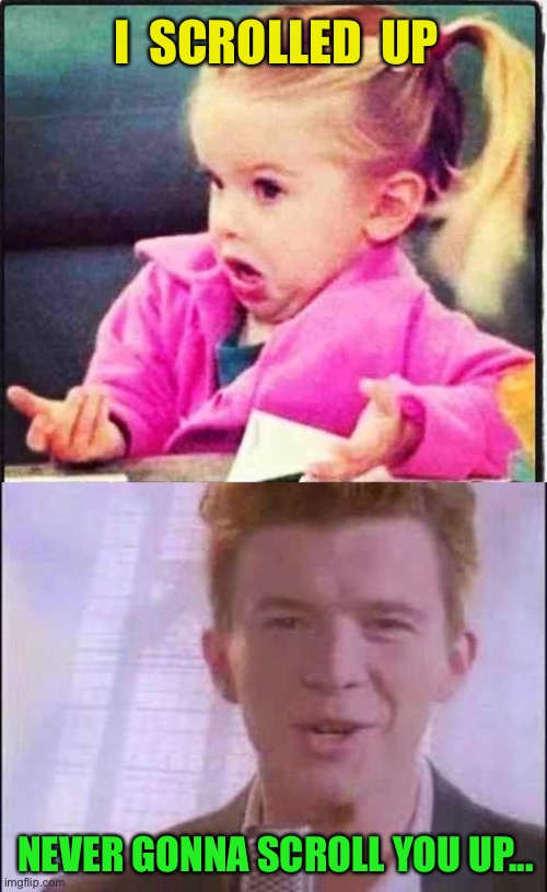 I  SCROLLED  UP NEVER GONNA SCROLL YOU UP... | image tagged in confused girl,rick roll | made w/ Imgflip meme maker