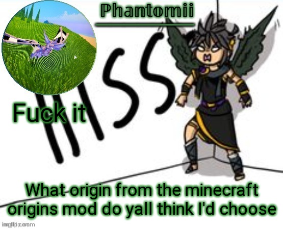 Trend if possible don't care much if not. | Fuck it; What origin from the minecraft origins mod do yall think I'd choose | image tagged in phantomii's template | made w/ Imgflip meme maker