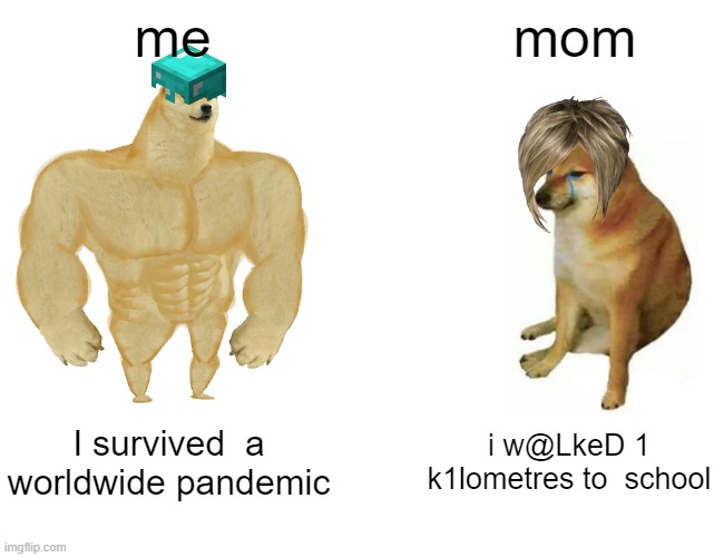 Buff Doge vs. Cheems | me; mom; I survived  a worldwide pandemic; i w@LkeD 1 k1lometres to  school | image tagged in memes,buff doge vs cheems | made w/ Imgflip meme maker