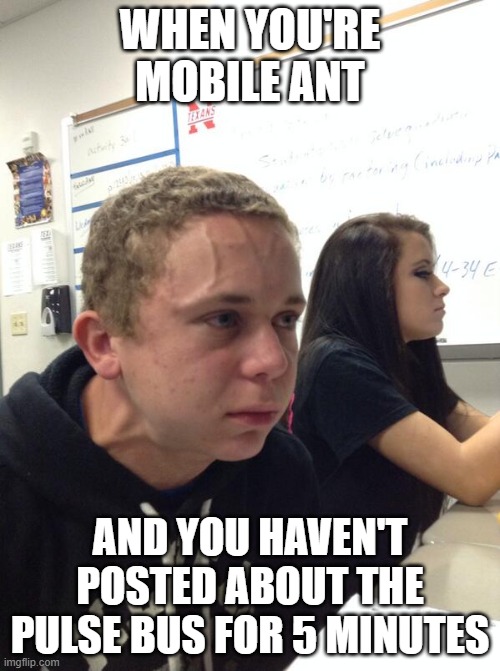 holding in fart kid | WHEN YOU'RE MOBILE ANT; AND YOU HAVEN'T POSTED ABOUT THE PULSE BUS FOR 5 MINUTES | image tagged in holding in fart kid | made w/ Imgflip meme maker