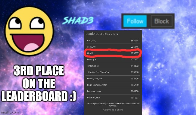 Shad3 announcement template | 3RD PLACE ON THE LEADERBOARD :) | image tagged in shad3 announcement template | made w/ Imgflip meme maker