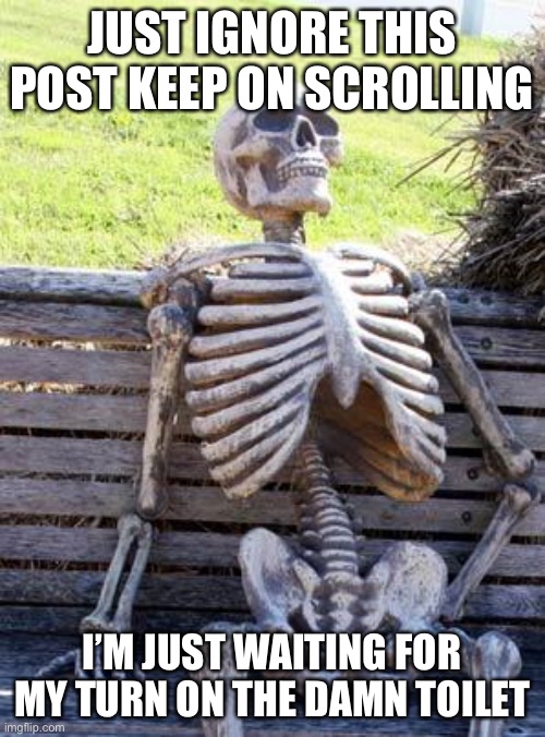 Waiting Skeleton | JUST IGNORE THIS POST KEEP ON SCROLLING; I’M JUST WAITING FOR MY TURN ON THE DAMN TOILET | image tagged in memes,waiting skeleton | made w/ Imgflip meme maker