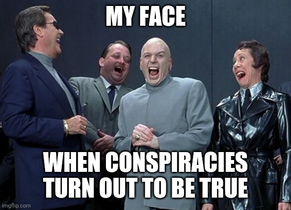Laughing Villains Meme | MY FACE; WHEN CONSPIRACIES TURN OUT TO BE TRUE | image tagged in memes,laughing villains | made w/ Imgflip meme maker