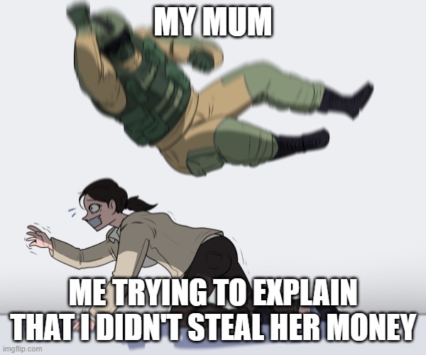 Rainbow Six - Fuze The Hostage | MY MUM; ME TRYING TO EXPLAIN THAT I DIDN'T STEAL HER MONEY | image tagged in rainbow six - fuze the hostage | made w/ Imgflip meme maker