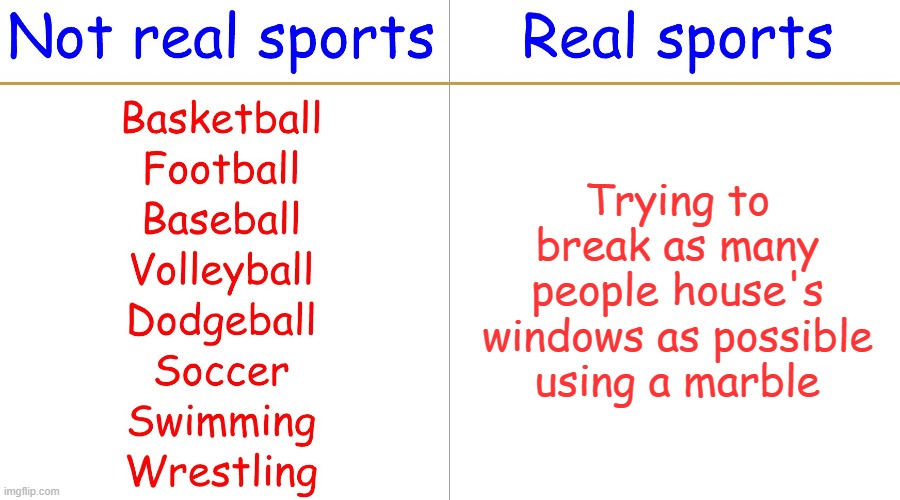 Real sports | Trying to break as many people house's windows as possible using a marble | image tagged in real sports | made w/ Imgflip meme maker
