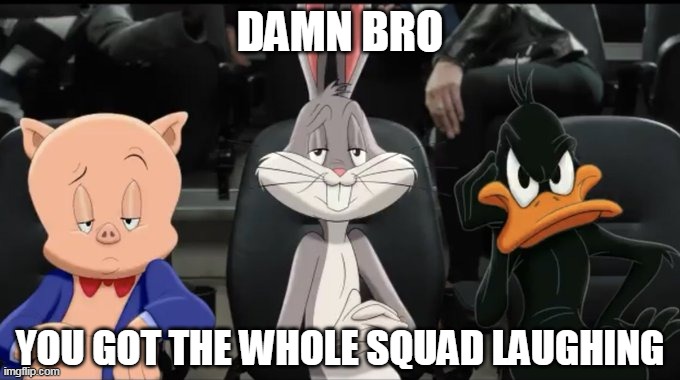 DAMN BRO; YOU GOT THE WHOLE SQUAD LAUGHING | image tagged in damn bro,looney tunes,damn bro you got the whole squad laughing | made w/ Imgflip meme maker