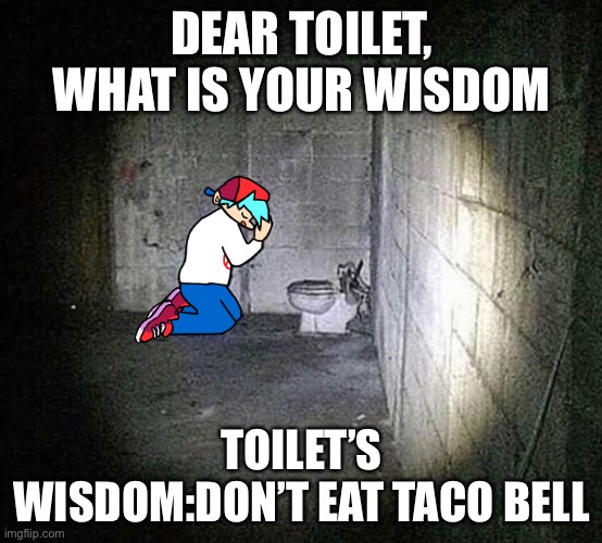 toilet’s wisdom..? | DEAR TOILET, WHAT IS YOUR WISDOM; TOILET’S WISDOM:DON’T EAT TACO BELL | image tagged in cursed friday night funkin image | made w/ Imgflip meme maker