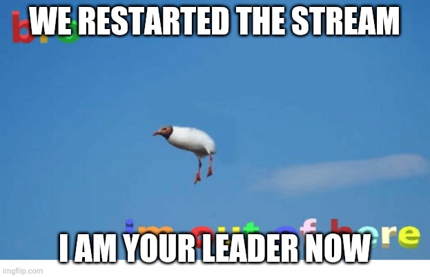 hahahah | WE RESTARTED THE STREAM; I AM YOUR LEADER NOW | image tagged in bro i'm out of here | made w/ Imgflip meme maker