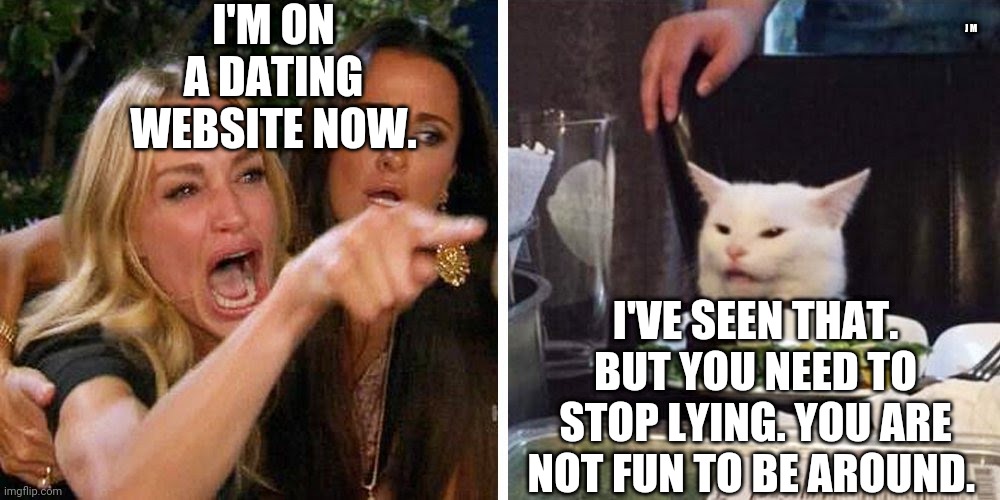 Smudge the cat | I'M ON A DATING WEBSITE NOW. J M; I'VE SEEN THAT. BUT YOU NEED TO STOP LYING. YOU ARE NOT FUN TO BE AROUND. | image tagged in smudge the cat | made w/ Imgflip meme maker