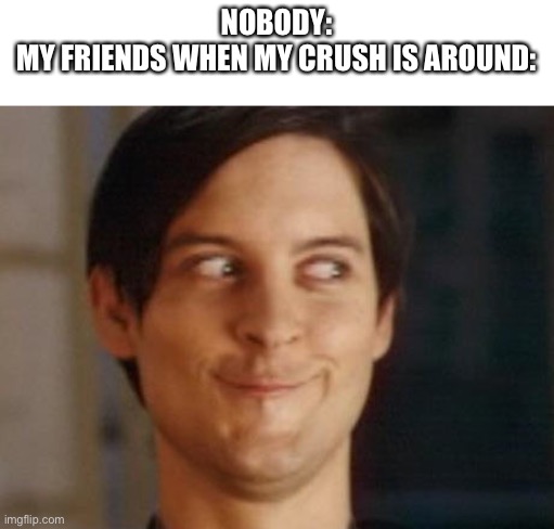 Spiderman Peter Parker Meme | NOBODY:
MY FRIENDS WHEN MY CRUSH IS AROUND: | image tagged in memes,spiderman peter parker | made w/ Imgflip meme maker