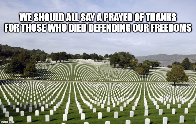 Arlington National Cemetery | WE SHOULD ALL SAY A PRAYER OF THANKS FOR THOSE WHO DIED DEFENDING OUR FREEDOMS | image tagged in arlington national cemetery | made w/ Imgflip meme maker