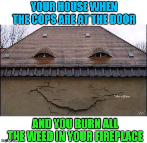 High house | YOUR HOUSE WHEN THE COPS ARE AT THE DOOR; AND YOU BURN ALL THE WEED IN YOUR FIREPLACE | image tagged in stoned,house,weed,marijuana,funny memes | made w/ Imgflip meme maker