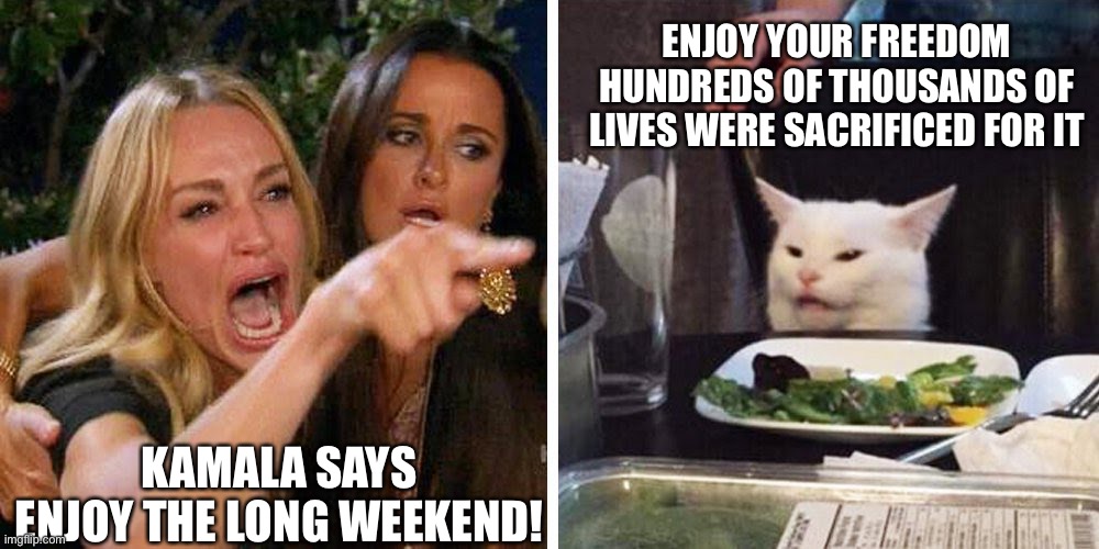 Kamala Harris Want You To “Enjoy Your Long Weekend”! | ENJOY YOUR FREEDOM HUNDREDS OF THOUSANDS OF LIVES WERE SACRIFICED FOR IT; KAMALA SAYS ENJOY THE LONG WEEKEND! | image tagged in smudge the cat,kamala harris,memorial day | made w/ Imgflip meme maker