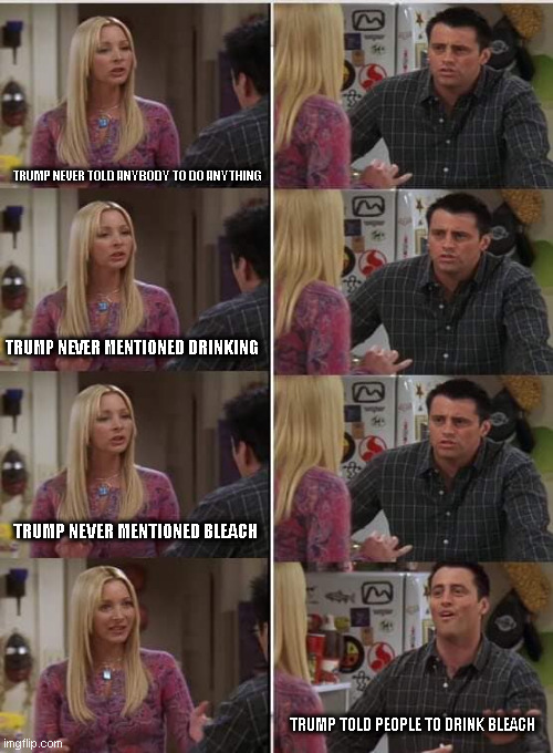 Phoebe Joey | TRUMP NEVER TOLD ANYBODY TO DO ANYTHING; TRUMP NEVER MENTIONED DRINKING; TRUMP NEVER MENTIONED BLEACH; TRUMP TOLD PEOPLE TO DRINK BLEACH | image tagged in phoebe joey | made w/ Imgflip meme maker