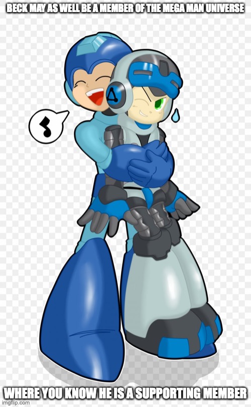 Mega Man Hugging Beck | BECK MAY AS WELL BE A MEMBER OF THE MEGA MAN UNIVERSE; WHERE YOU KNOW HE IS A SUPPORTING MEMBER | image tagged in megaman,beck,mighty no 9,memes | made w/ Imgflip meme maker