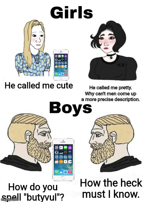 Girls vs Boys | He called me cute; He called me pretty. Why can't men come up a more precise description. How the heck must I know. How do you spell "butyvul"? | image tagged in girls vs boys,iphone,memes,message | made w/ Imgflip meme maker
