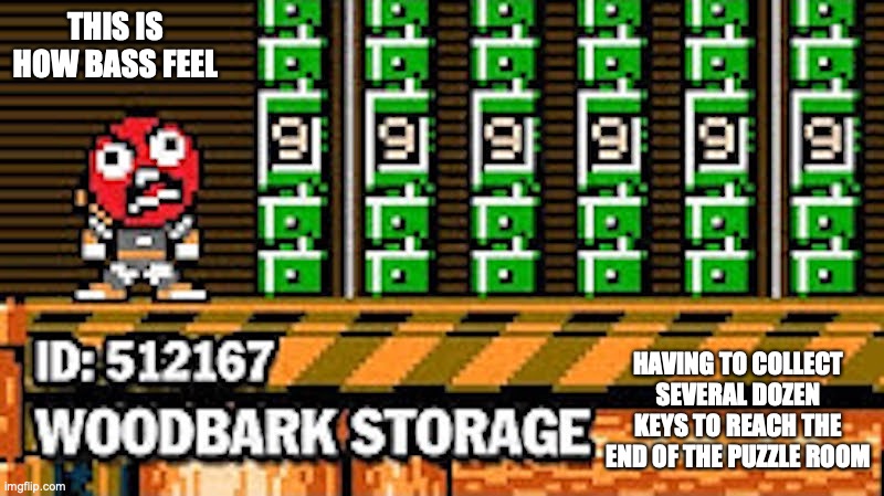 Angry Bass | THIS IS HOW BASS FEEL; HAVING TO COLLECT SEVERAL DOZEN KEYS TO REACH THE END OF THE PUZZLE ROOM | image tagged in bass,megaman,gaming,memes | made w/ Imgflip meme maker