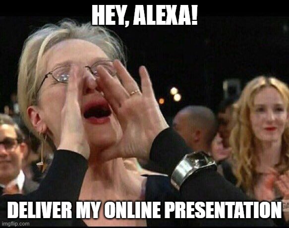Work from home | HEY, ALEXA! DELIVER MY ONLINE PRESENTATION | image tagged in workfromhome | made w/ Imgflip meme maker