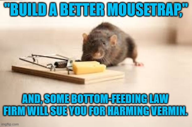 The Lesson For Today's Youth?  Why Strive For Excellence? | "BUILD A BETTER MOUSETRAP,"; AND, SOME BOTTOM-FEEDING LAW FIRM WILL SUE YOU FOR HARMING VERMIN. | image tagged in politics | made w/ Imgflip meme maker