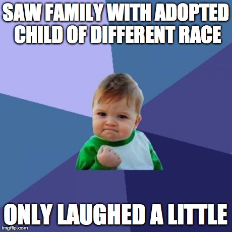 Success Kid Meme | SAW FAMILY WITH ADOPTED CHILD OF DIFFERENT RACE ONLY LAUGHED A LITTLE | image tagged in memes,success kid | made w/ Imgflip meme maker