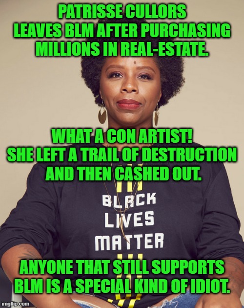 Con Artist | PATRISSE CULLORS LEAVES BLM AFTER PURCHASING MILLIONS IN REAL-ESTATE. WHAT A CON ARTIST!
SHE LEFT A TRAIL OF DESTRUCTION
 AND THEN CASHED OUT. ANYONE THAT STILL SUPPORTS BLM IS A SPECIAL KIND OF IDIOT. | image tagged in blm | made w/ Imgflip meme maker