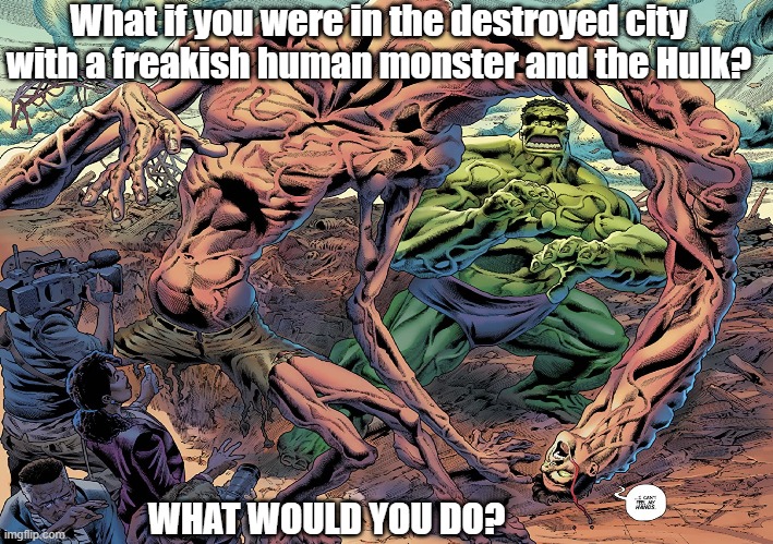 What if you saw a freakish human monster | What if you were in the destroyed city with a freakish human monster and the Hulk? WHAT WOULD YOU DO? | image tagged in marvel comics | made w/ Imgflip meme maker