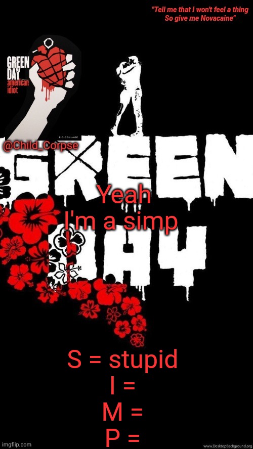 Yeah I'm a simp; S = stupid 
I = 
M = 
P = | made w/ Imgflip meme maker
