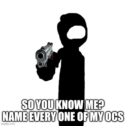 Dusk with a gun | SO YOU KNOW ME?
NAME EVERY ONE OF MY OCS | image tagged in dusk with a gun | made w/ Imgflip meme maker