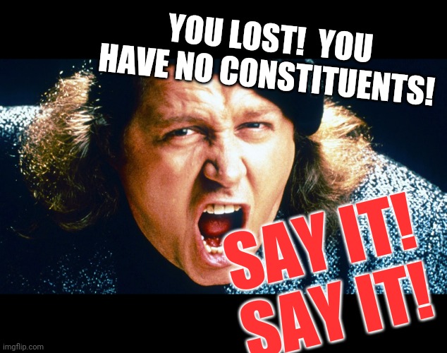 sam kinnison trump say it | YOU LOST!  YOU HAVE NO CONSTITUENTS! SAY IT!
SAY IT! | image tagged in sam kinnison trump say it | made w/ Imgflip meme maker