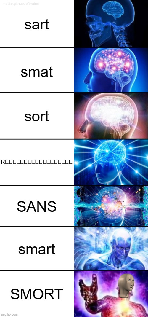 7-Tier Expanding Brain | sart; smat; sort; REEEEEEEEEEEEEEEEEE; SANS; smart; SMORT | image tagged in 7-tier expanding brain | made w/ Imgflip meme maker