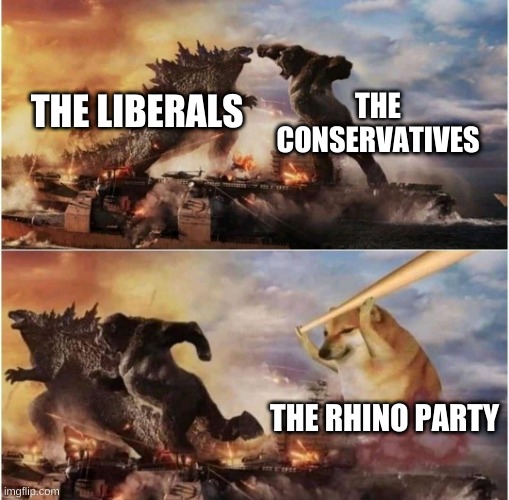 How Canadian Politics Should Be | THE CONSERVATIVES; THE LIBERALS; THE RHINO PARTY | image tagged in kong godzilla doge,canada,politics | made w/ Imgflip meme maker