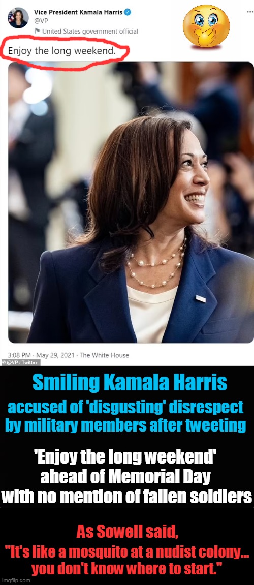 Democrats Just Don't "Get it".... |  Smiling Kamala Harris; accused of 'disgusting' disrespect 

by military members after tweeting; 'Enjoy the long weekend' 
ahead of Memorial Day 
with no mention of fallen soldiers; "It's like a mosquito at a nudist colony...
you don't know where to start."; As Sowell said, | image tagged in politics,democratic socialism,military,respect | made w/ Imgflip meme maker