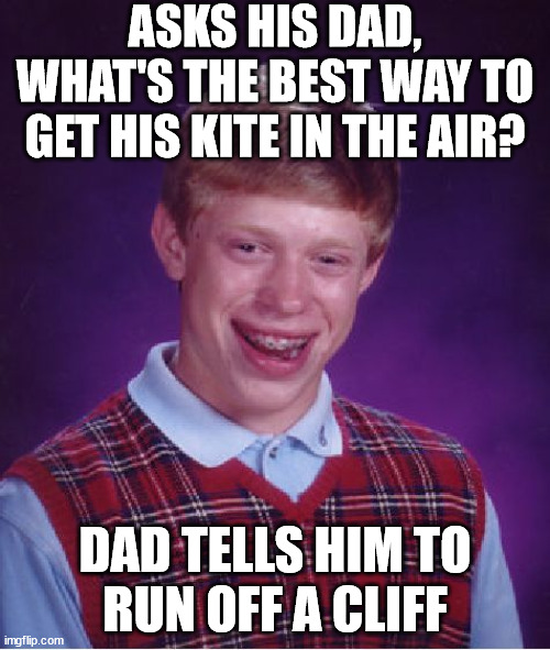 Bad Luck Brian | ASKS HIS DAD, WHAT'S THE BEST WAY TO GET HIS KITE IN THE AIR? DAD TELLS HIM TO
RUN OFF A CLIFF | image tagged in memes,bad luck brian,dad joke,man jumping off a cliff,no no hes got a point | made w/ Imgflip meme maker
