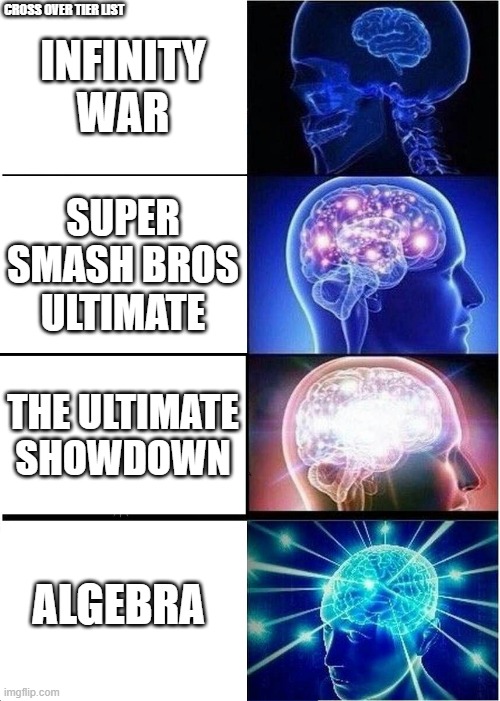 cross over tier list | CROSS OVER TIER LIST; INFINITY WAR; SUPER SMASH BROS ULTIMATE; THE ULTIMATE SHOWDOWN; ALGEBRA | image tagged in memes,expanding brain | made w/ Imgflip meme maker