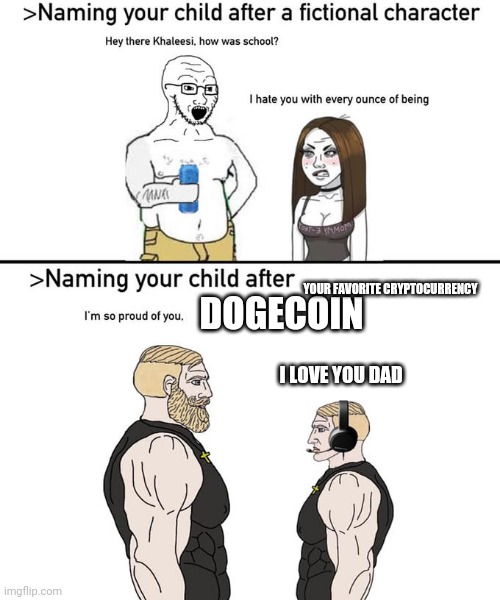 #cryptomemes | YOUR FAVORITE CRYPTOCURRENCY; DOGECOIN; I LOVE YOU DAD | image tagged in naming your child after | made w/ Imgflip meme maker