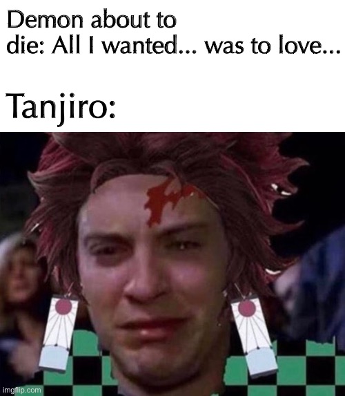 Credits to @weebplug on Twitter | Demon about to die: All I wanted... was to love... Tanjiro: | image tagged in demon slayer | made w/ Imgflip meme maker