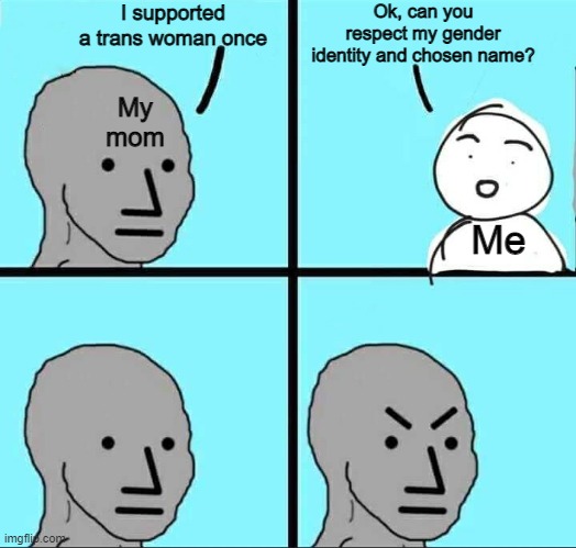 This actually happened | Ok, can you respect my gender identity and chosen name? I supported a trans woman once; My mom; Me | image tagged in npc meme,transgender,terf | made w/ Imgflip meme maker