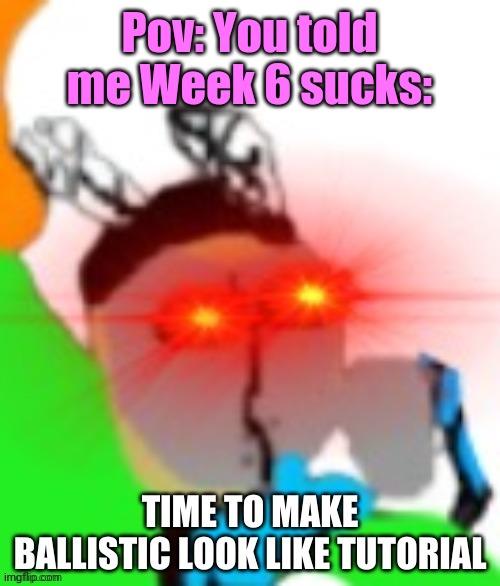 TIME TO MAKE BALLISTIC LOOK LIKE TUTORIAL | Pov: You told me Week 6 sucks: | image tagged in time to make ballistic look like tutorial | made w/ Imgflip meme maker