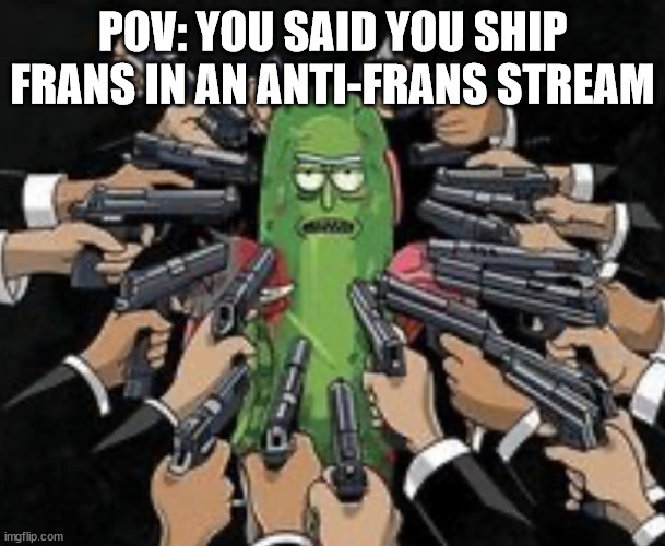 PLEASE, I BEG YOU GUYS DON'T KILL ME. | POV: YOU SAID YOU SHIP FRANS IN AN ANTI-FRANS STREAM | image tagged in pickle rick guns,shipping | made w/ Imgflip meme maker