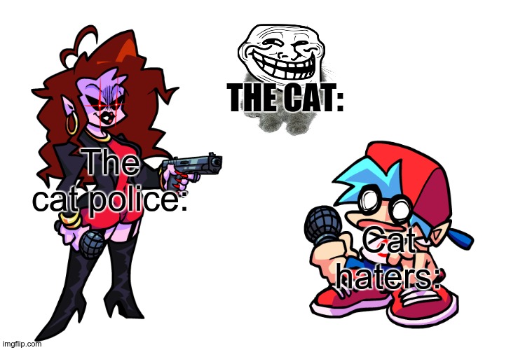 Cat Meme | THE CAT:; The cat police:; Cat haters: | image tagged in mom with gun | made w/ Imgflip meme maker